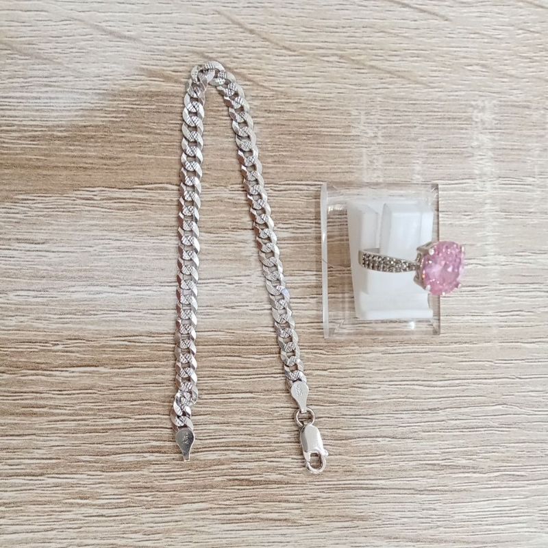 Gelang rantai sisik naga & cincin mata pink silver