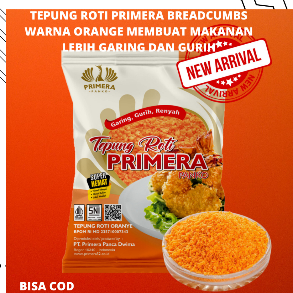 

Tepung roti primera breadcumbs warna orange membuat makanan lebih garing dan gurih