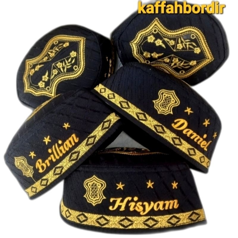 Kopiah Peci Terompah Malaysia Hitam Putih Motif Bordir Nama Anak Laki Laki