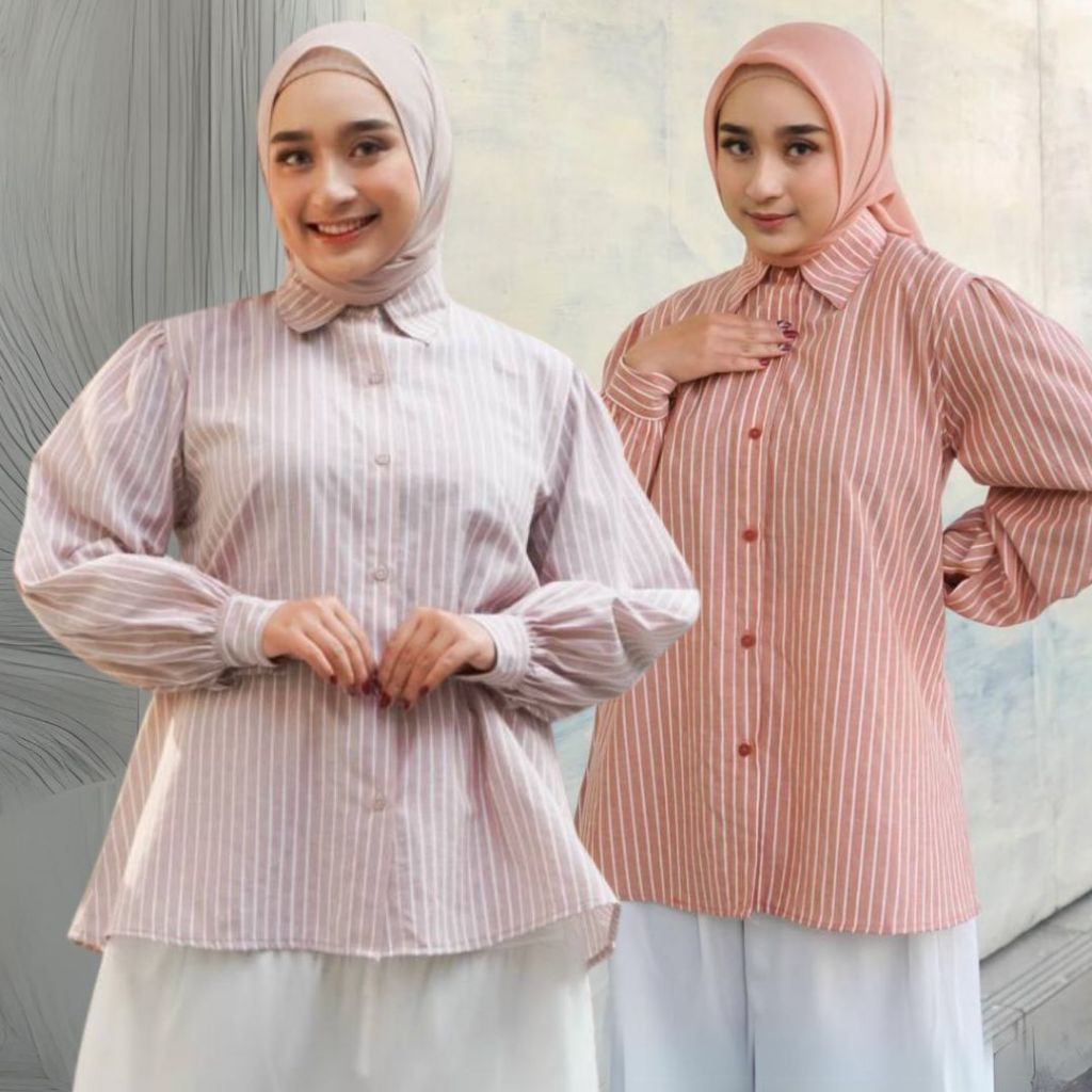 Kemeja Wanita Polos Katun Toyobo Baju Atasan Blouse Perempuan Lengan Gelembung Balon Berkerah Busui 