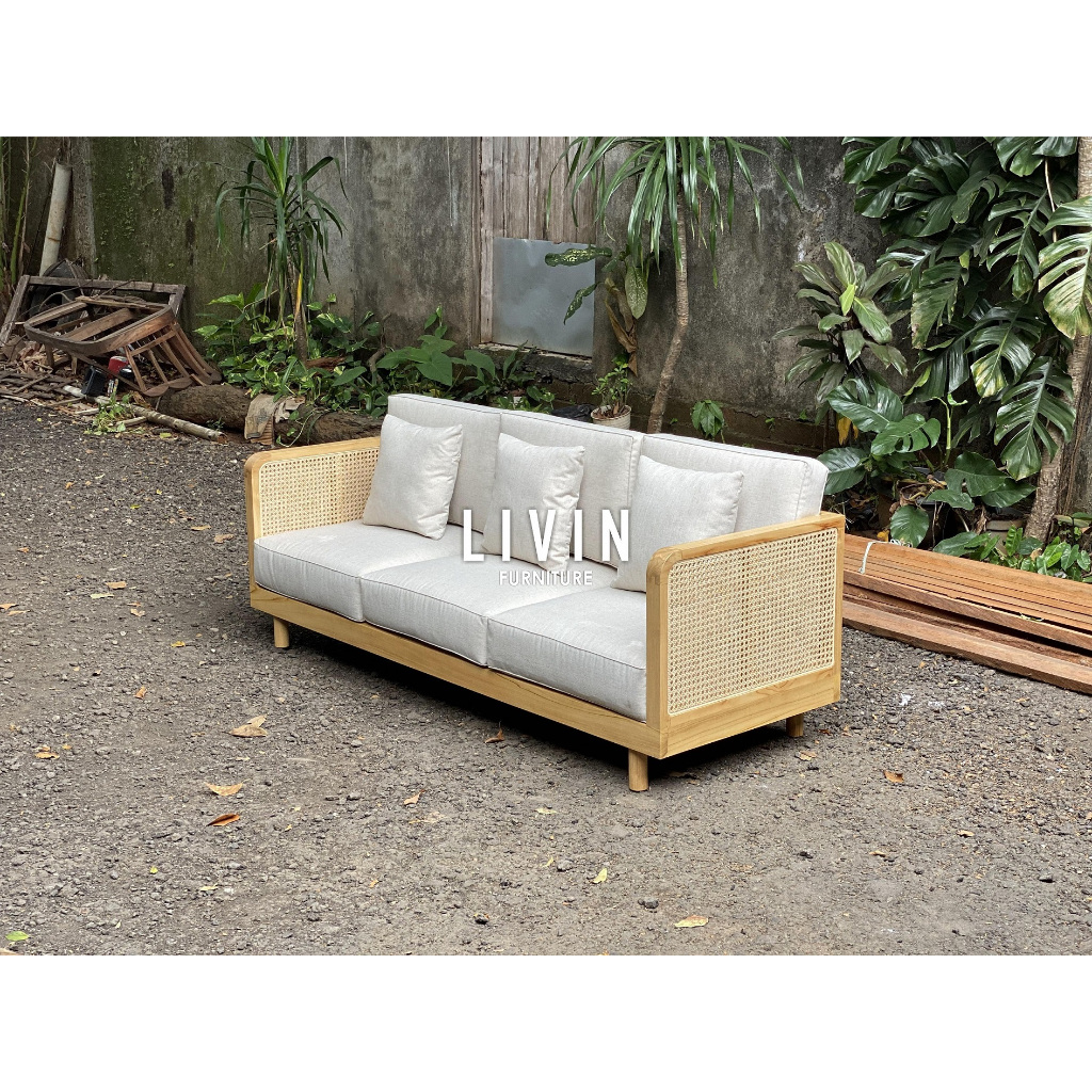Kursi Sofa Jati Rotan 3 Dudukan Busa Minimalis