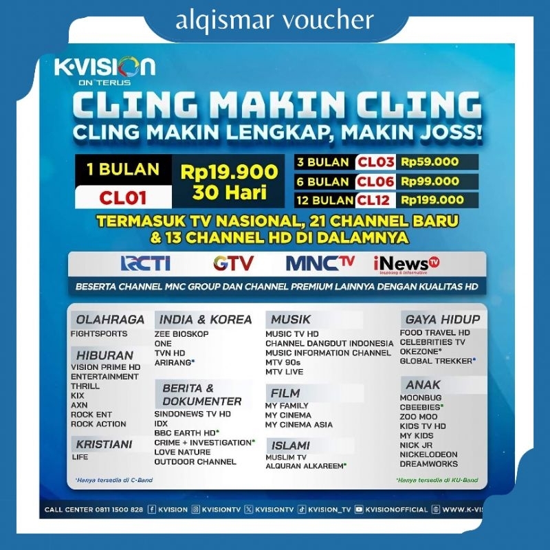 Paket Cling 1Tahun K-Vision Gardiner, optus, LGsat start