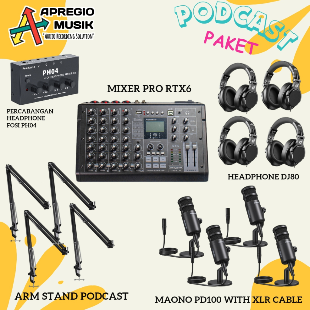 Paket podcast 4 orang RTX6 Maono PD100 DJ80 Lengkap Premium