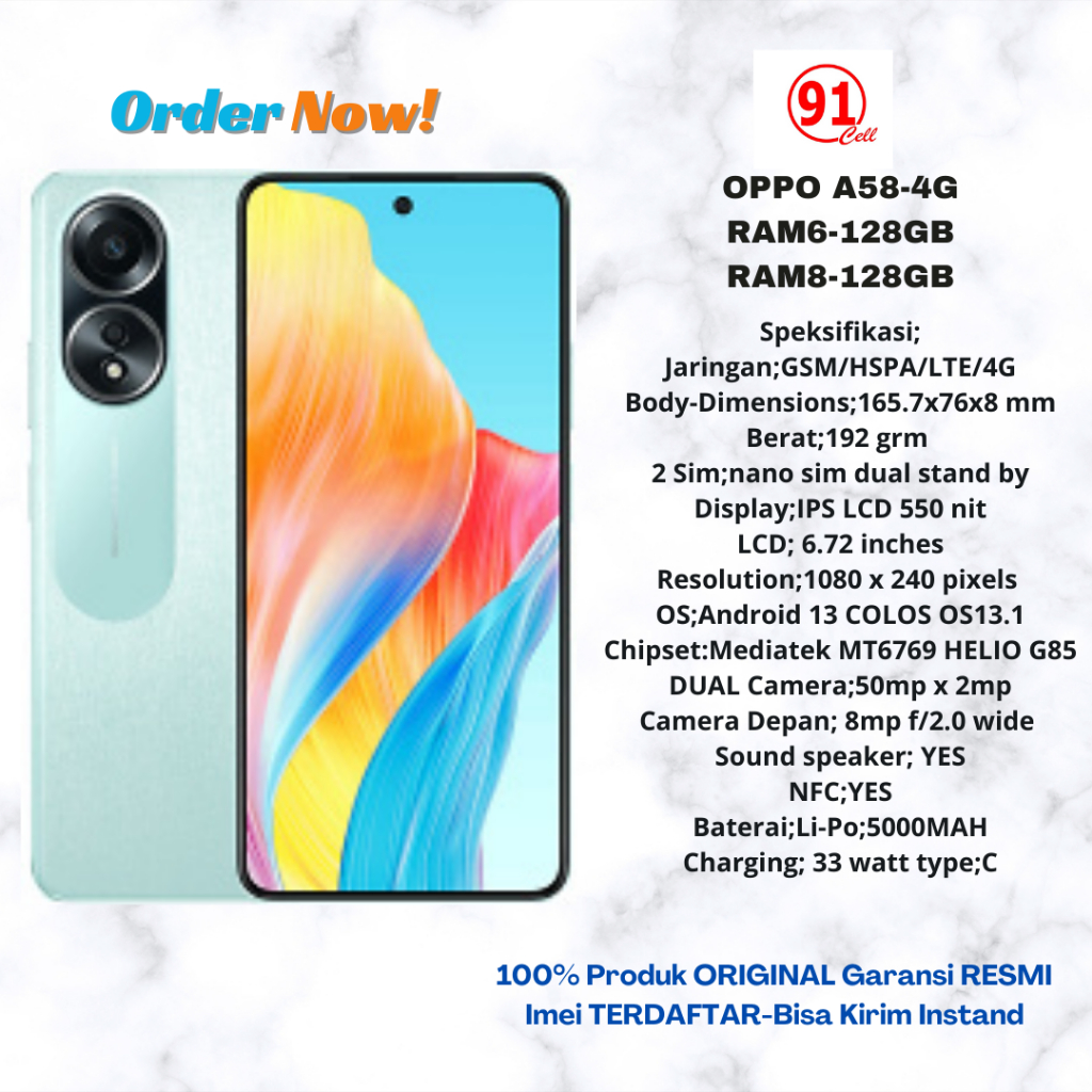 Oppo A58 4G Ram8/128gb - Ram6/128gb Original Garansi Resmi