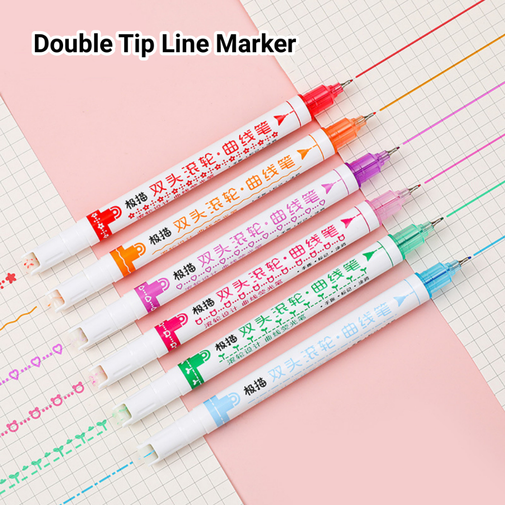 

Line marker stabilo set double tip Spidol gambar garis aesthetic warna bentuk bunga Pulpen roll linear rainbow color pen 2in1 Highlighter motif untuk DIY agenda jurnal scrapbook Multicolor pena