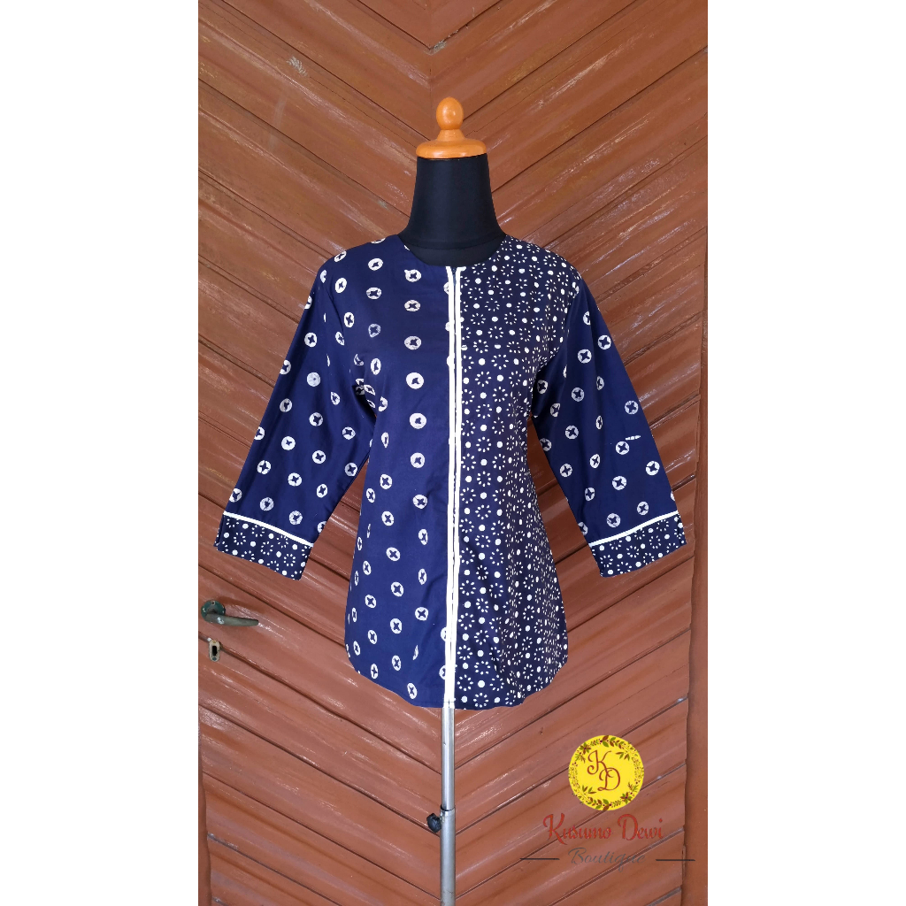 Blouse Biru Batik Cap Motif Jumputan Kombinasi