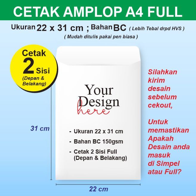 

Amplop A4 BC Lebih Tebal daripada HVS | Amplop Besar Perusahaan Ukuran 22x31 cm Bahan BC Cetak Laser | Amplop GalaksiNova