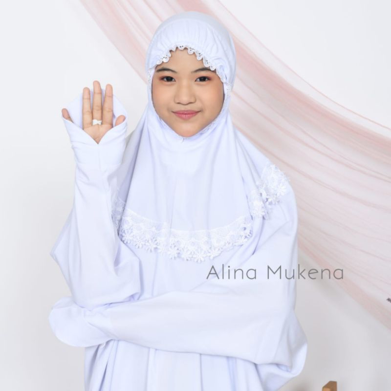 Alina Mukena - Mukena Terusan Santri Anak Remaja Tanggung Katun Polos Variasi Renda Kalung