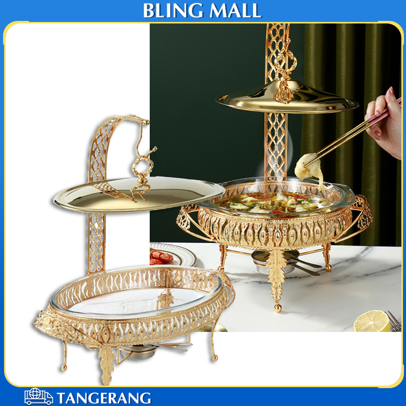 Food Warmer Stainless 2L/3L Food Warmer Wadah Baki Kaca Tebal Gold / Food Warmer Tutup Gantung Gold 