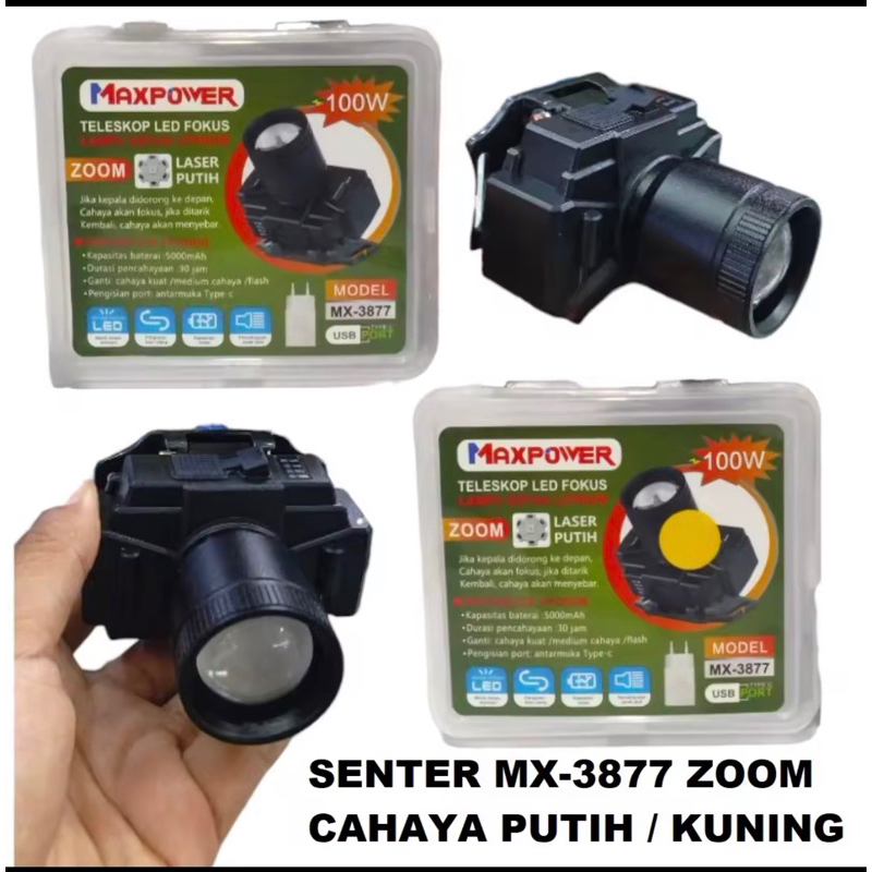 HAKIHOKI Senter kepala Zoom Led Fokus 100 Watt Maxpower MX -3877 Cahaya Kuning / Putih - Senter kepa