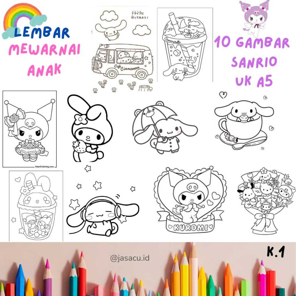 

10 LEMBAR KERTAS MEWARNAI ANAK UKURAN A5 SANRIO KUROMI MELODY / PERMAINAN ANAK EDUKASI WARNA - JASACU.ID