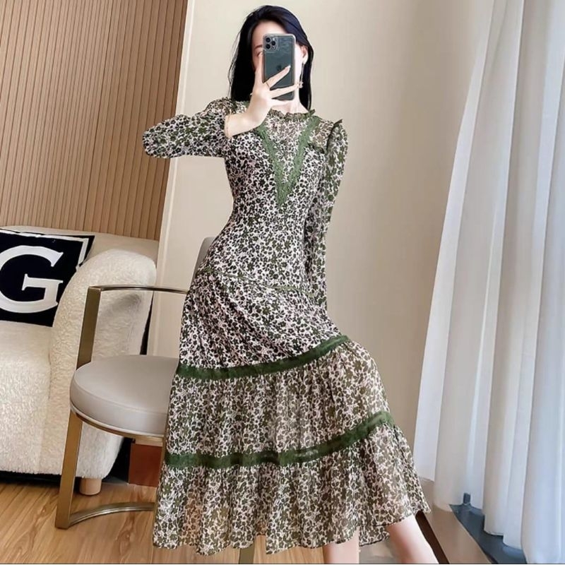 24016  Fashion Kostum Bajudres Maxi long dress dres longdress sultan lengan panjang motif bunga bung