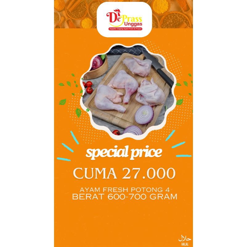 

Ayam fresh potong 4 berat 600 - 700 gram