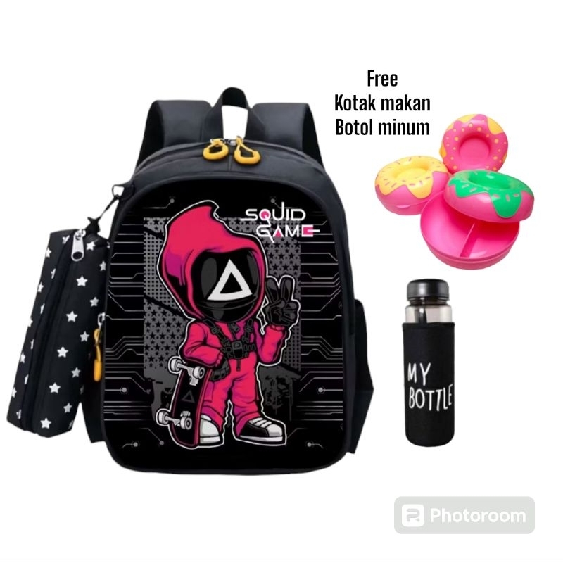 tas ransel sekolah anak tk paud sd motif squid game free kotak makan dan botol minum