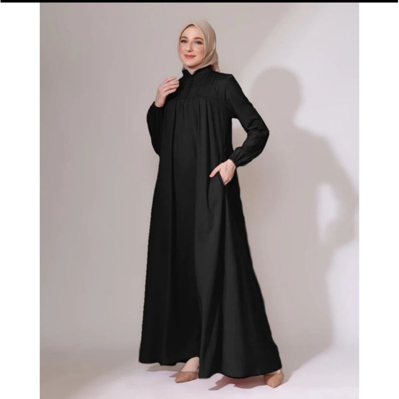 GAMIS TERUSAN WARNA HITAM POLOS/DRESS WANITA BAHAN TOYOBO FODU