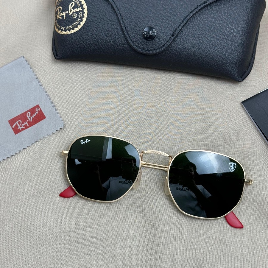 Kacamata Rayban Hexagonal Ferrari Gold Green Size 54 Second Original