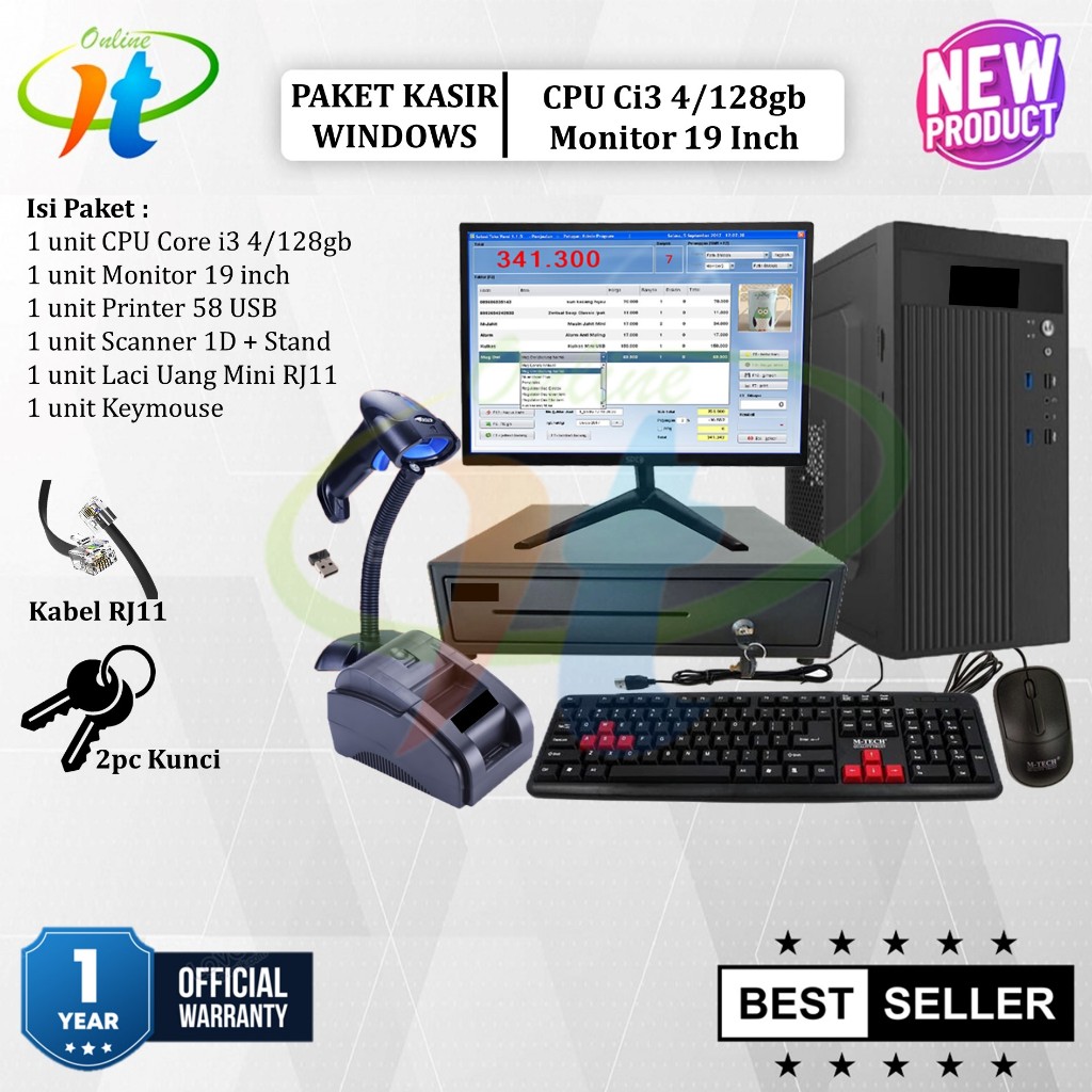 Paket Komputer Kasir Full Set Core i3 Siap Pakai Printer Thermal 58mm Cash Drawer RJ11 Scanner 1D