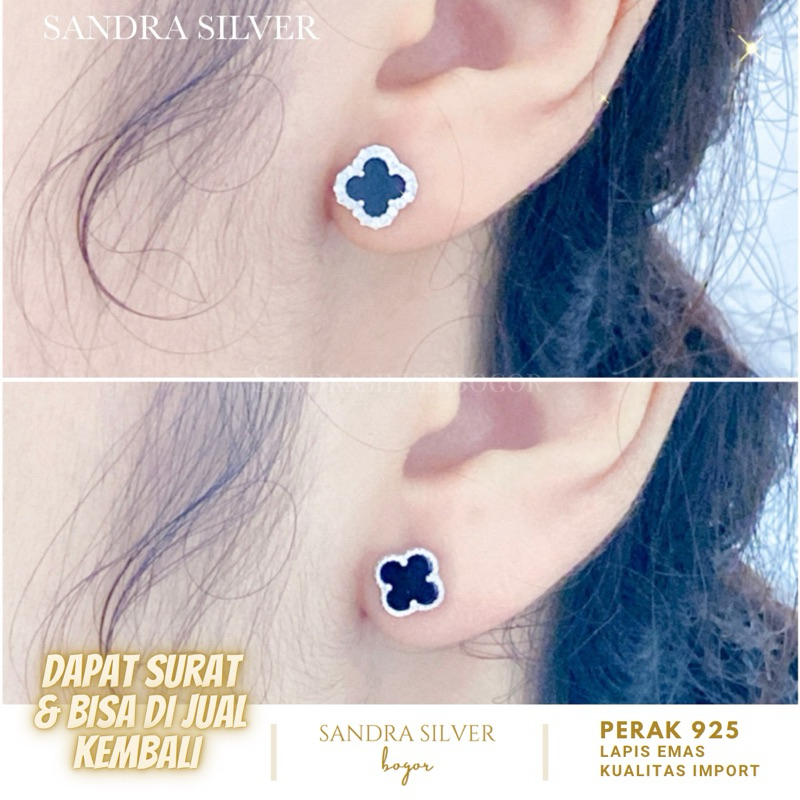 Giwang Clover Hitam Perak 925 lapis emas putih