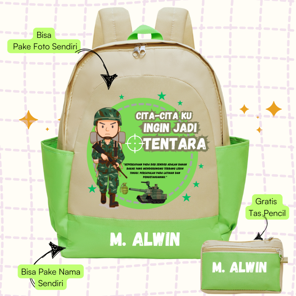 Tas Sekolah Custome -Tas Backpack Sekolah Anak TK SD - Tas Ransel Sekolah Anak Cita-cita Tentara