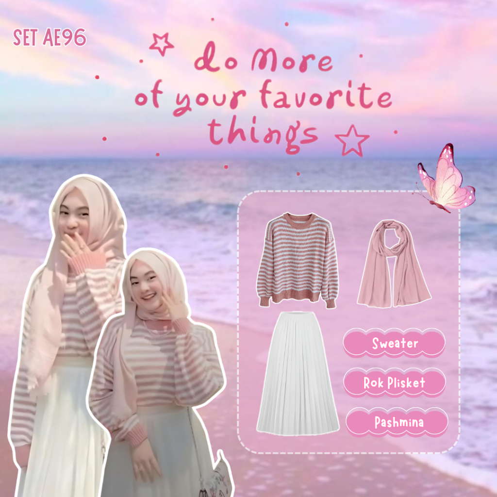 3 IN 1 One Set Hijab Korean Style Outfit Remaja Kekinian Outfit Pantai Nongki Sweater Rajut Rok - SE