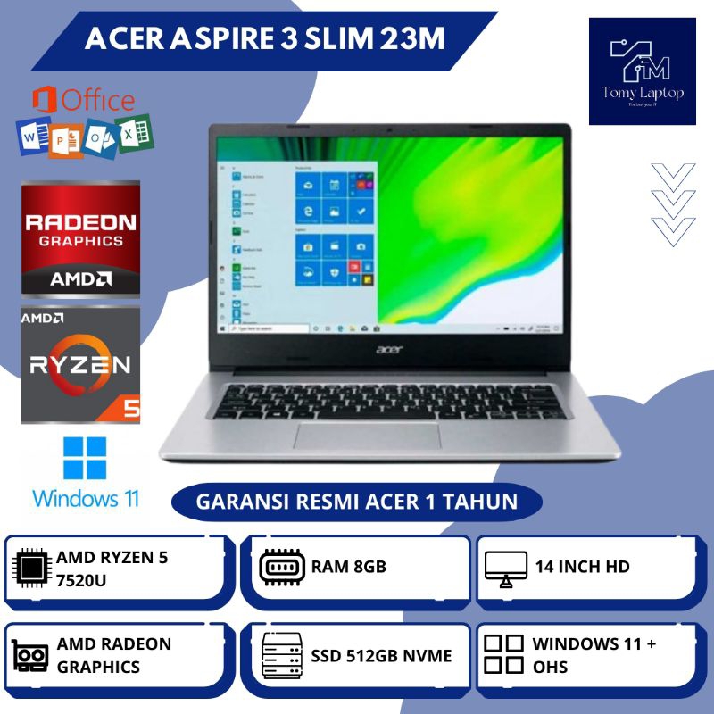 LAPTOP BARU ACER ASPIRE 3 SLIM/AMD RYZEN 5-7520U/RAM 8GB DDR5/SSD 512GB/14INCH - 23M
