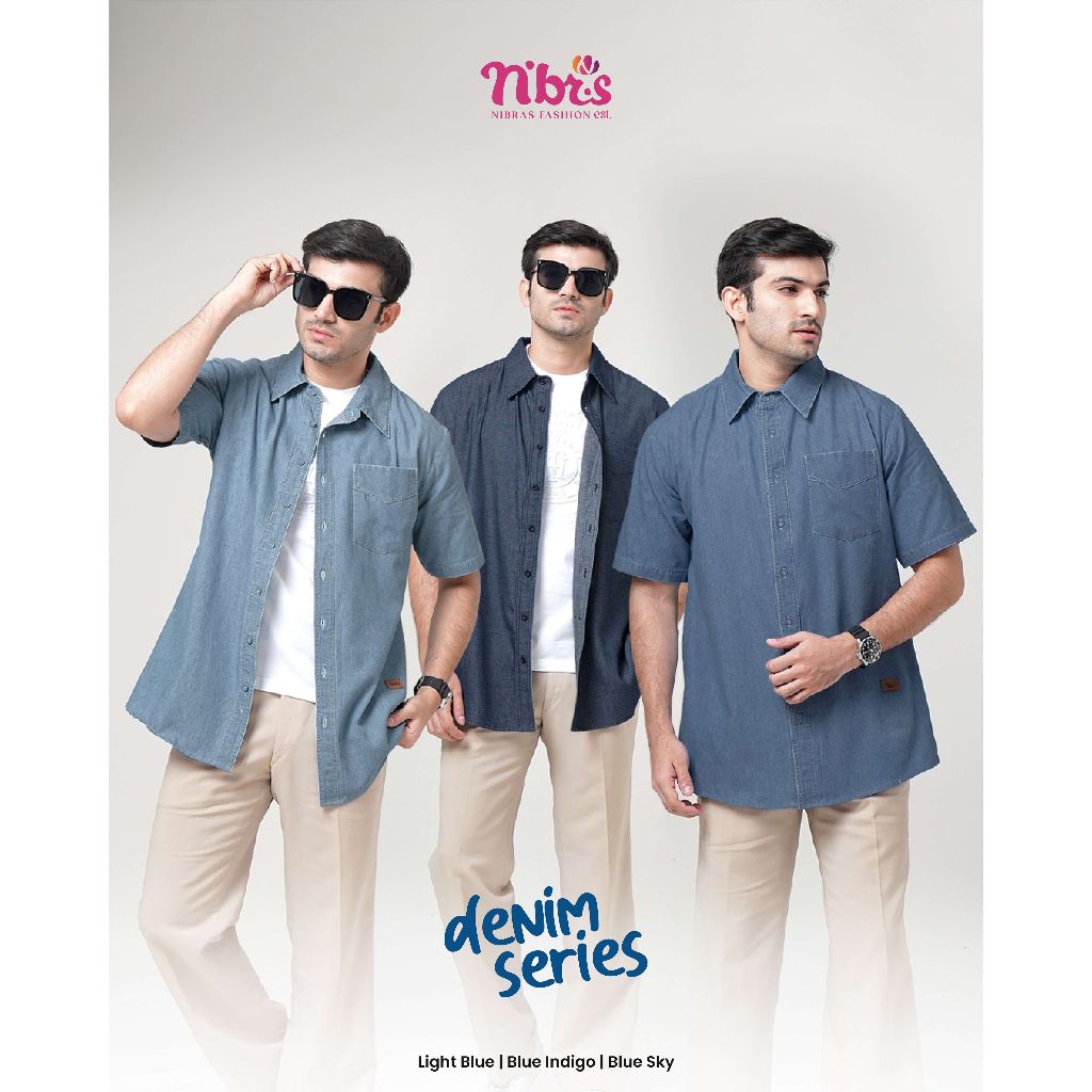 KEMEJA PRIA NIBRAS JALANKU BIRU 007 / KEMEJA LENGAN PENDEK NIBRAS ORI BRANDED BAHAN DENIM LEVIS
