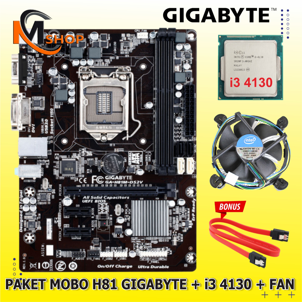 Paket Mainboard Motherboard Mobo H81 LGA 1150 DDR3 + Processor Core i3 4130 + Fan