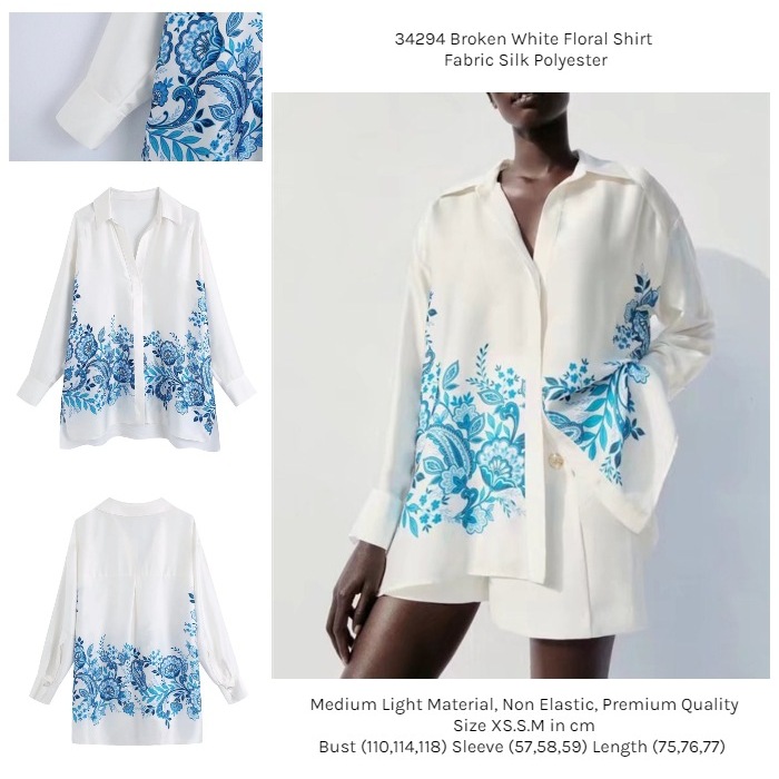 34294 Atasan Kemeja Putih Biru Satin Wanita Lengan Panjang