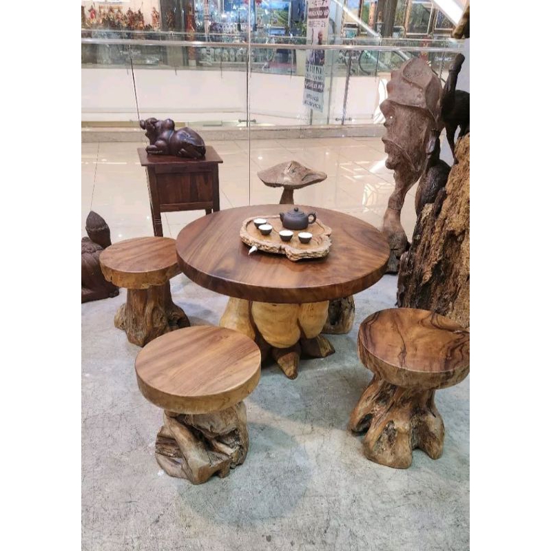 TERBAIKSET MEJA COFFEE AKAR KAYU JATI [ TOP MEJA DIAMETER 100 cm ASLI TANPA SAMBUNGAN ]