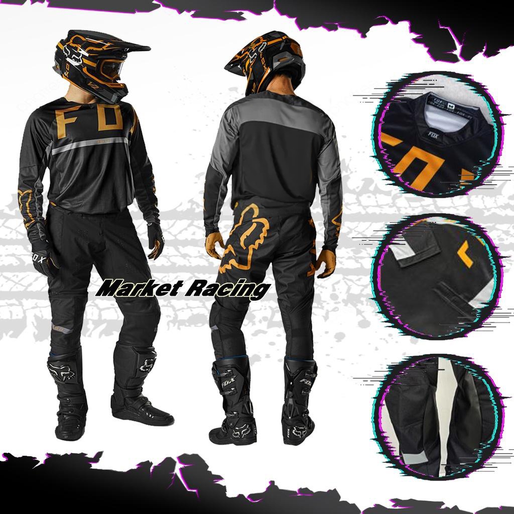 Tshirt F0X HITAM ABU GOLD 2022 (Baju+Celana) Pakaian Kaos Jersey Jerset Baju Cross Trail Motocross C