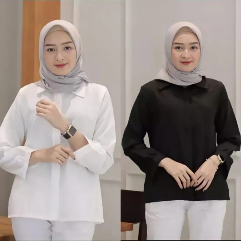 Baju Kemeja Wanita Hitam Putih Polos Kantor Kekinian