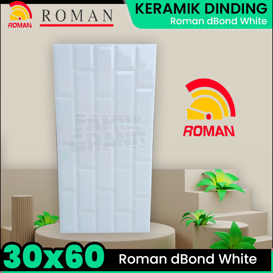 Keramik Dinding 30x60 Roman dBond White Motif Kotak Bata Glossy Embossed