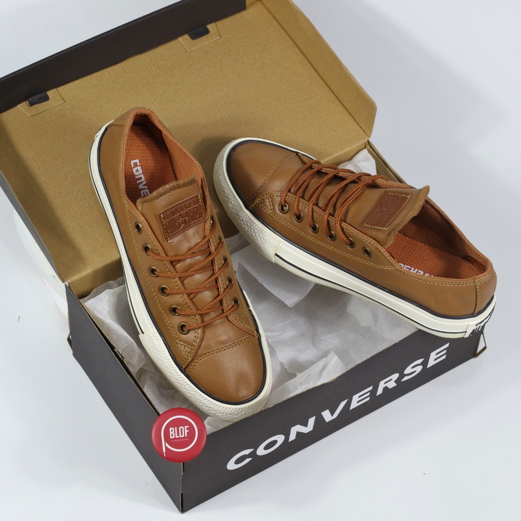 Sepatu Sneakers Pria Wanita Converse Full Kulit Leather Low Coklat Muda Tali Bulat Super Premium Imp