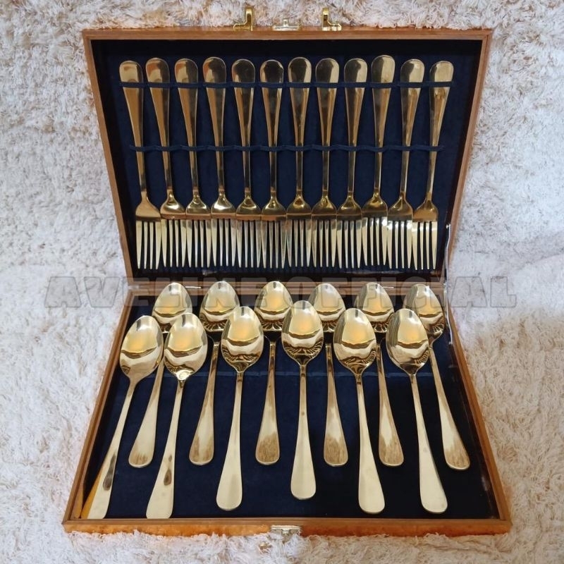 Sedok Sultan Sst dengan koper Gold Sendok Sst Emas Stainless Gold Cutlery Set Sendok Gold Set