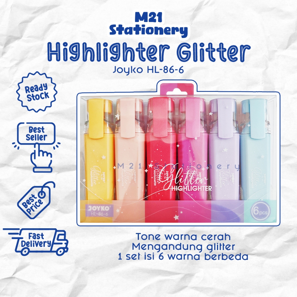 

(6 PCS) HIGHLIGHTER GLITTER JOYKO HL-86-6 / PENANDA WARNA STABILO ISI 6 DENGAN WADAH UNTUK JOURNALING ALAT TULIS SEKOLAH KULIAH ATK KANTOR MURAH / M21 STATIONERY JOGJA