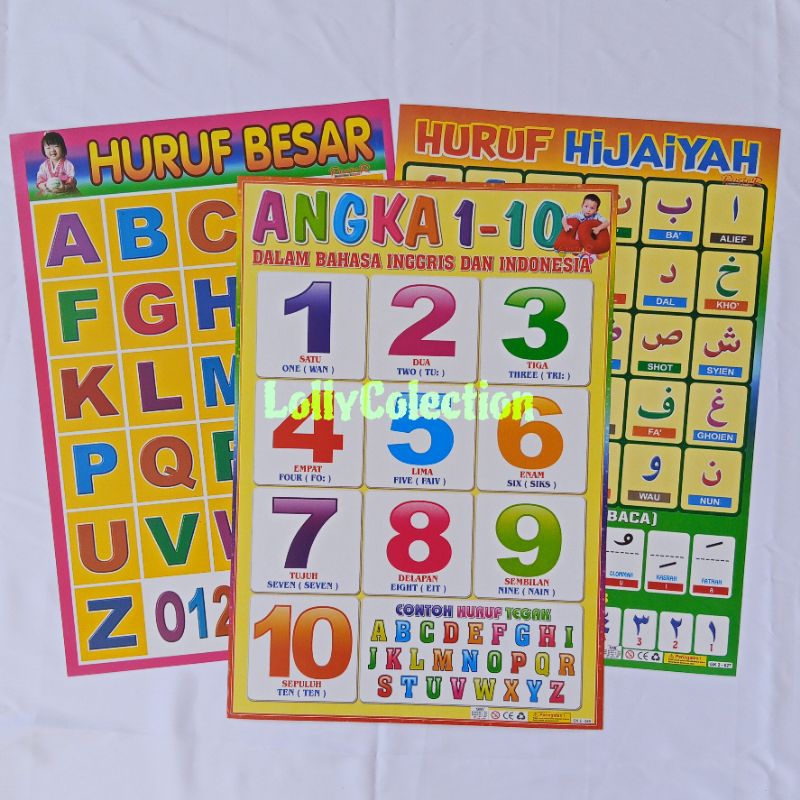 Paket 3 Lembar Poster Edukasi Anak Belajar Huruf Hijaiyah, Huruf Besar,Angka 1-10