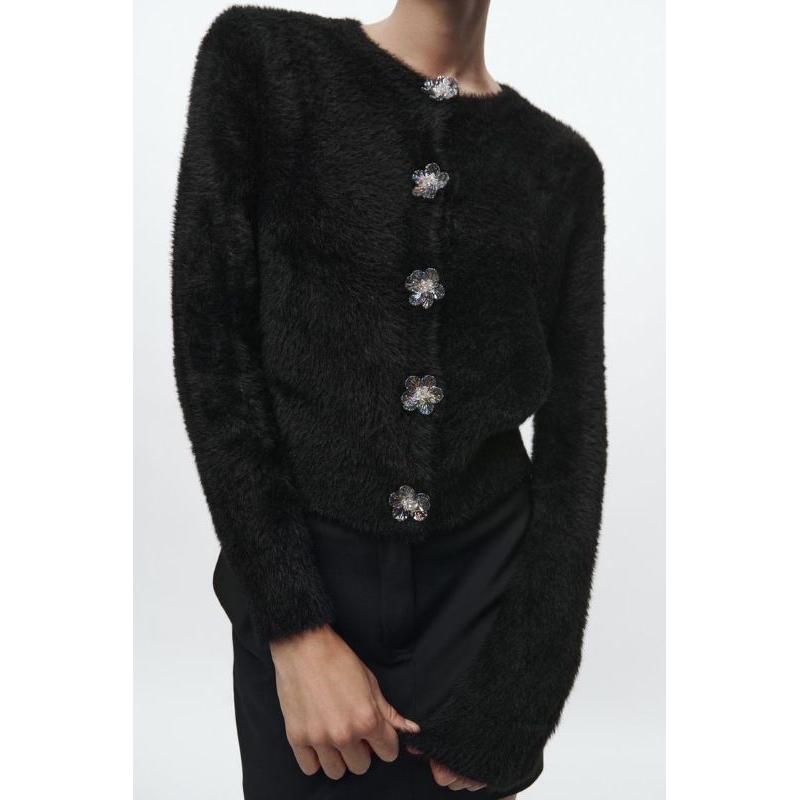 Kardigan Faux Fur Knit Cardigan with Floral Button ZARA WOMAN SALE Winter Original