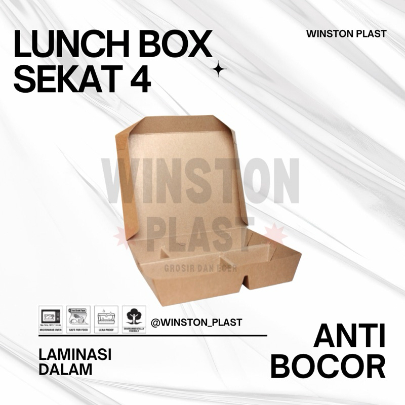 Lunch box partisi sekat 4 kraft / paper laminasi lunch box sekat 4 coklat isi 50 pcs / box makan cat