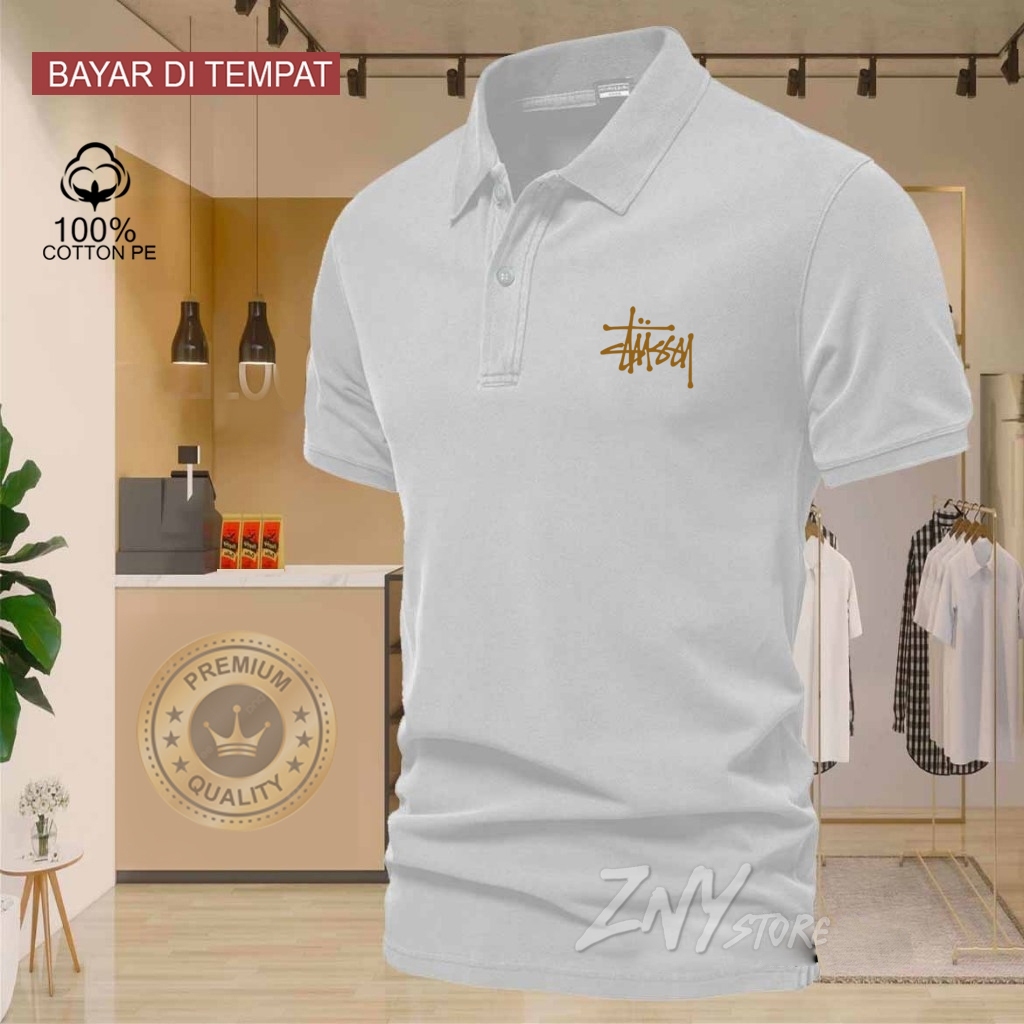 COD T-shrit POLO kerah Stussy logo Gold Baju Kaos Kerah Dewasa Shirt / Kaos Wangki Pria Polo / Kaos 