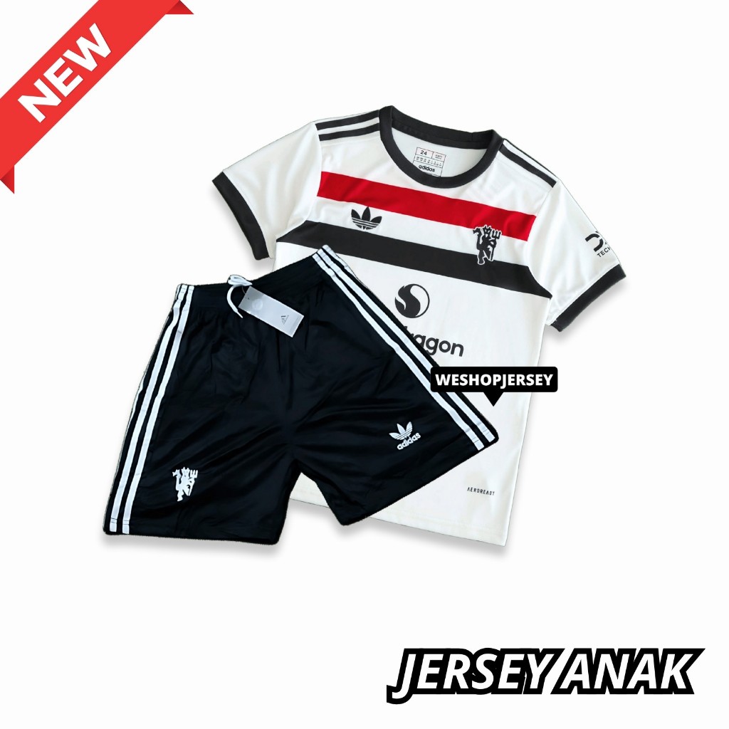 KIDS Baju Bola Anak Manchester United Putih Jersey Sport Kit Olahraga Football Sepak Bola 2025 Mu 3r