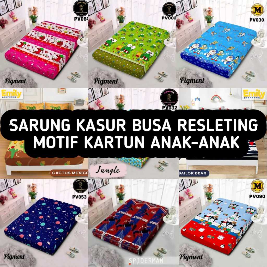 Sarung Kasur Busa / Springbed Model Resleting Motif Kartun Anak-anak /Sprei Resleting Motif Karakter