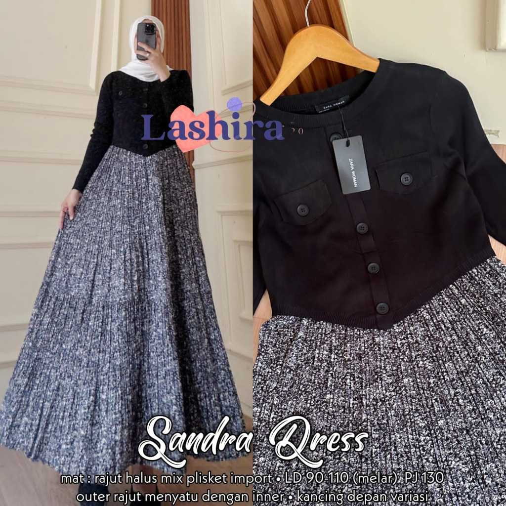 Sandra baju dres wanita ld 110 rajut import mix plisket motif polos bunga jumbo premium terbaru 2024