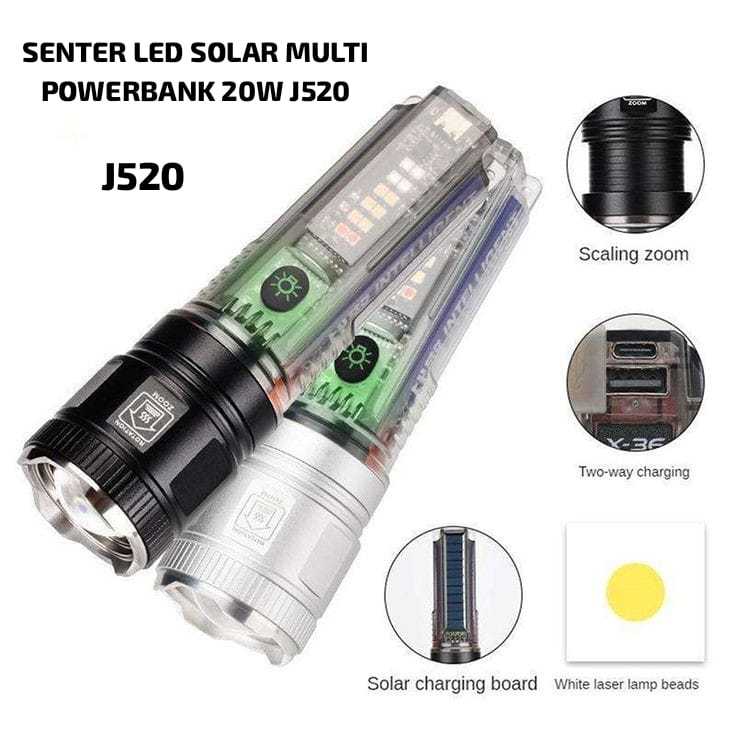 J520 LAMPU CAS POWER BANK PB SENTER LED LASER ZOOM POWERBANK TYPE C MULTIFUNGSI SENTER CAHAYA PUTIHH