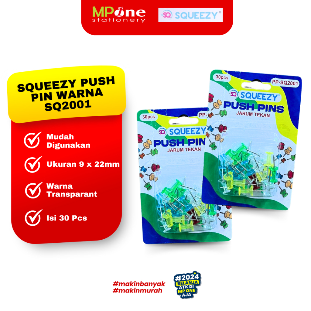 

Squeezy Pusp Pin Warna Transaparan Isi 30 Pcs SQ2001 / Jarum Tekan Styrofoam Warna Warni Squeezy