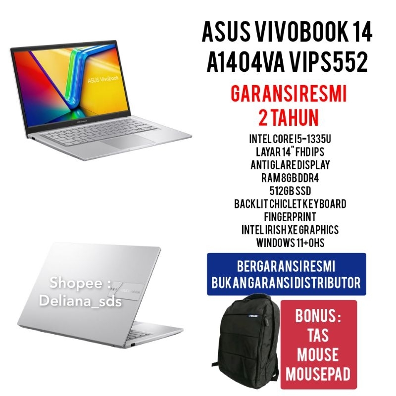 Laptop Asus Vivobook A1404VA VIPS Intel Core I5-1335U 8GB/512GB 14" FHD IPS Garansi Resmi 1 Tahun La