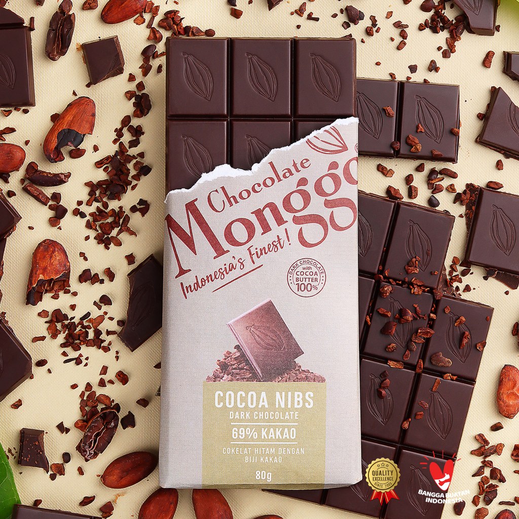 

Chocolate Monggo | Cocoa Nibs & Dark Chocolate 69% Cocoa 80gr | Coklat Murni 100% Cocoa butter | Biji Kakao & Cokelat Hitam