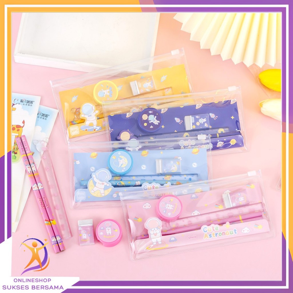 

OSB Alat Tulis Set Mini Anak Sekolah Penghapus Penggaris Pensil Serutan Stationary Set Alat Tulis 5 In 1 Karakter Lucu Warna-Warni Astronot Stationary