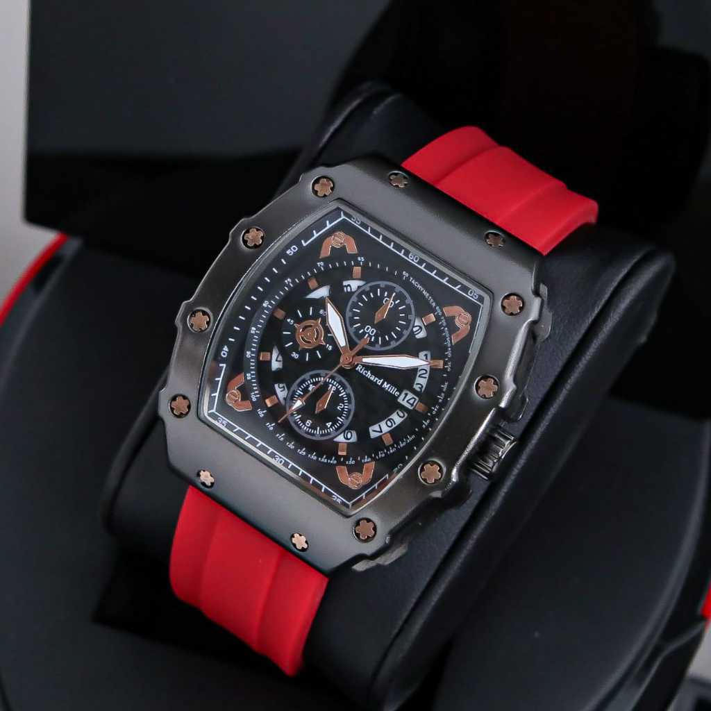 COD Jam Tangan Pria Rm Sport Tali Rubber Body Segi Hitam Chrono Variasi Tanggal Aktif