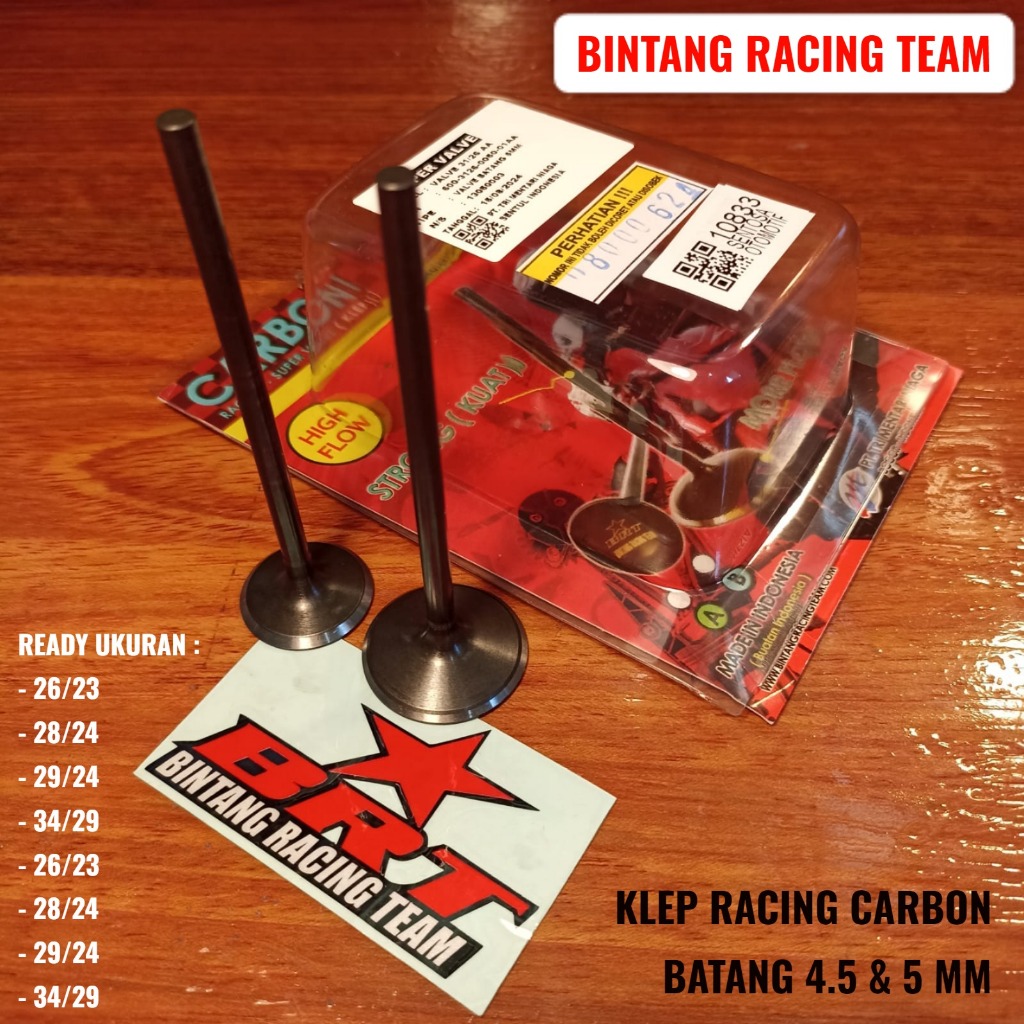 KLEP BRT CARBON IN/EX 28/24 26/23 29/24 34/29BATANG 5 MM DAN 4.5 MM ORIGINAL BINTANG RACING TEAM