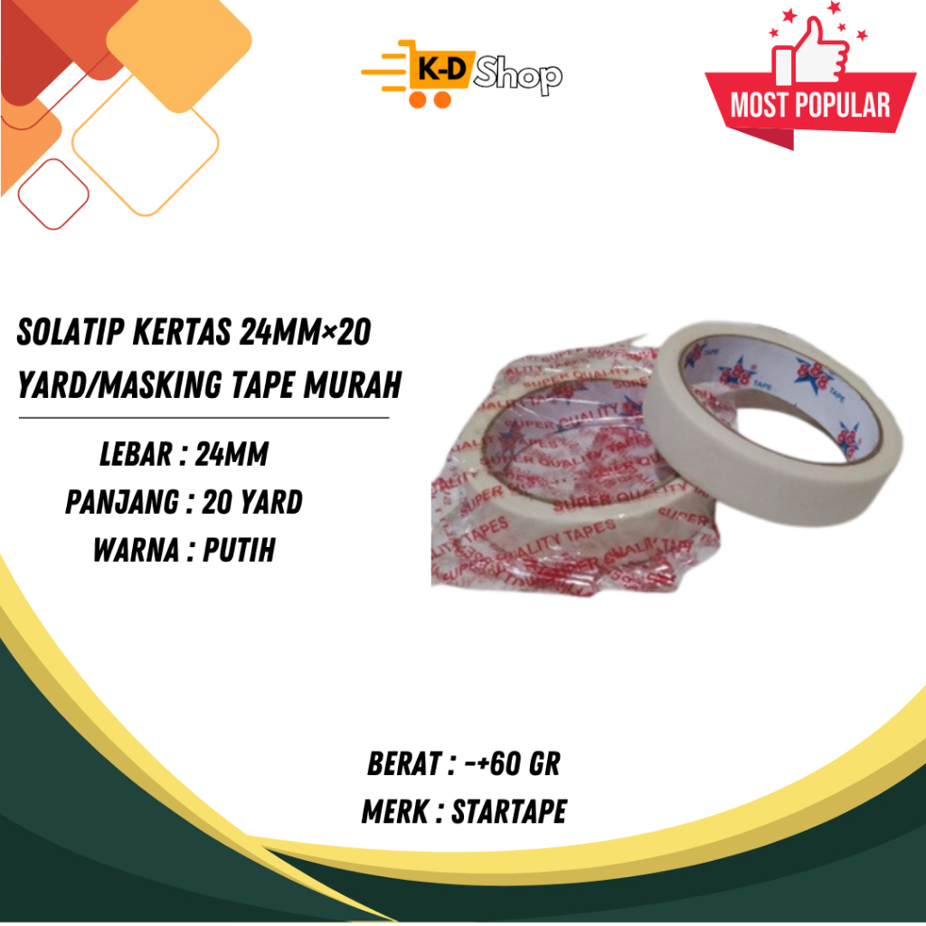 

SOLATIP KERTAS 24MM×20 YARD/MASKING TAPE MURAH